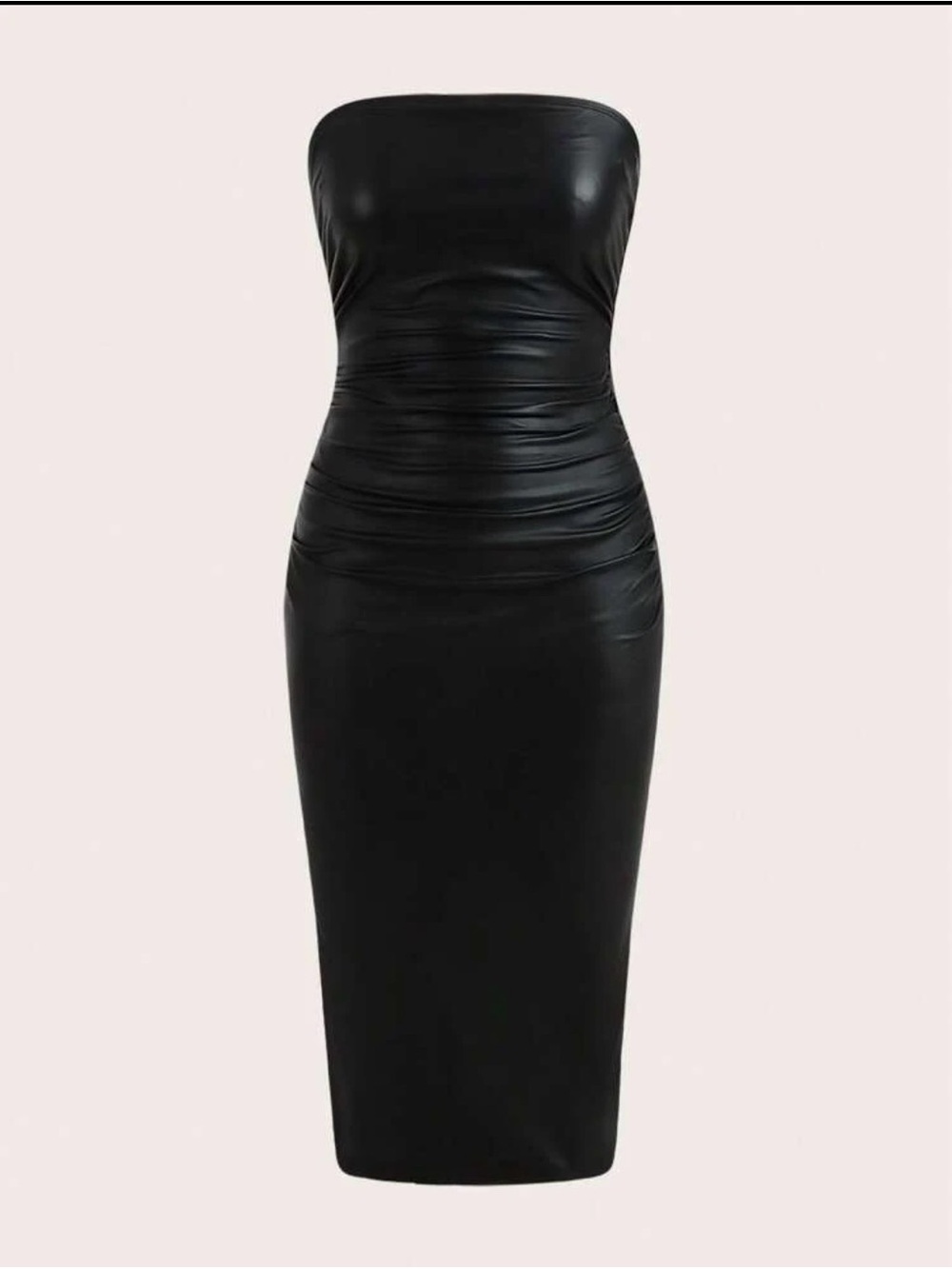 Classic Strapless Black leather Midi Bodycon Dress